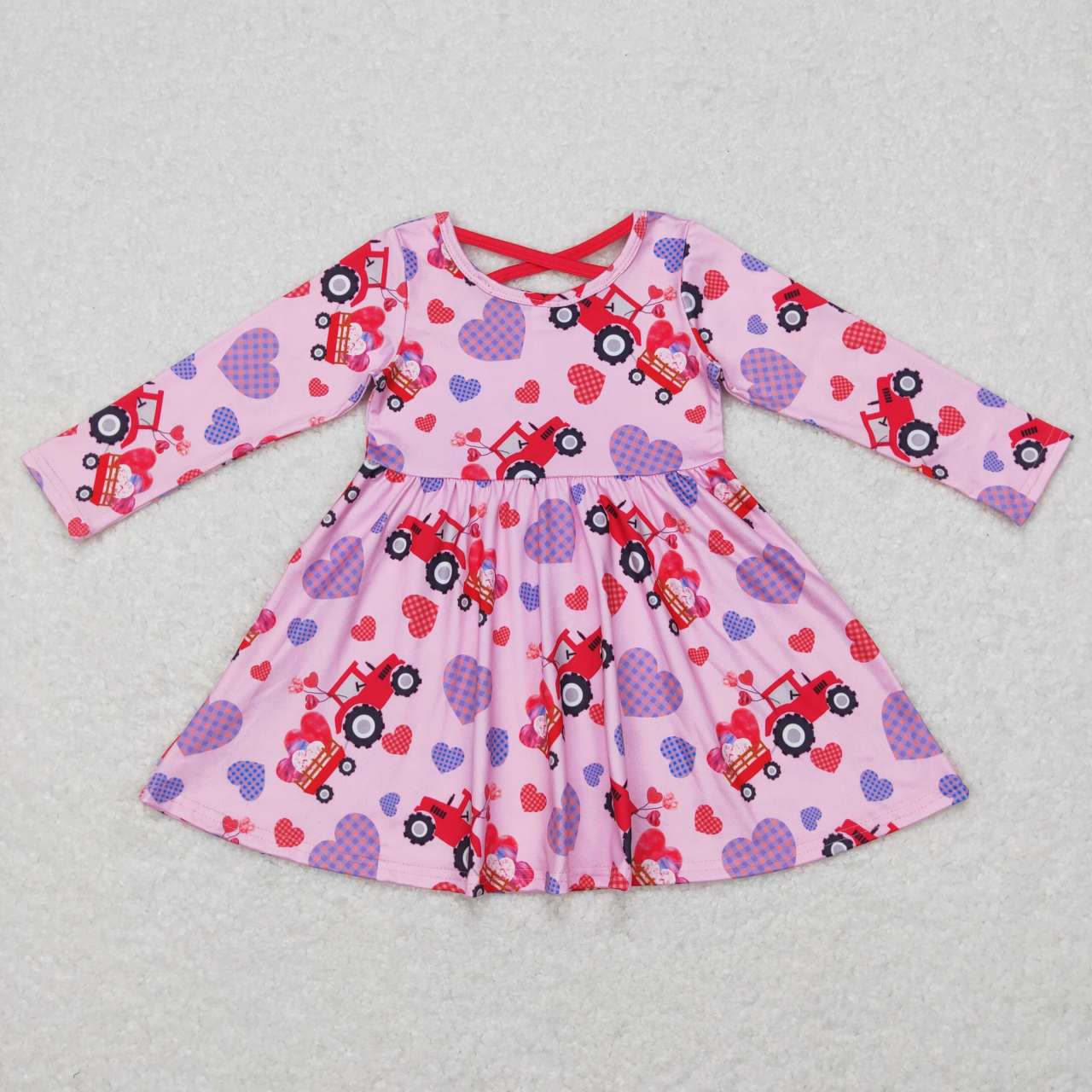 GLD0454 Plaid Love Truck Tractor Pink Long Sleeve Dress