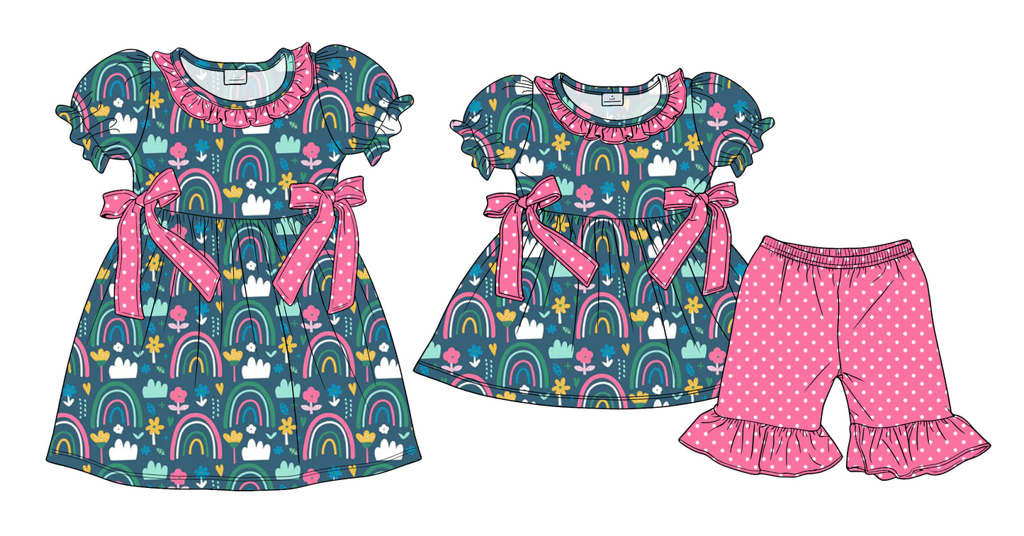 3.24 Custom moq 5 mix size Sibling Baby Girl's Short-Sleeved Top with Bow And Pink Short Set Cute Short-Sleeved Dress for Summer