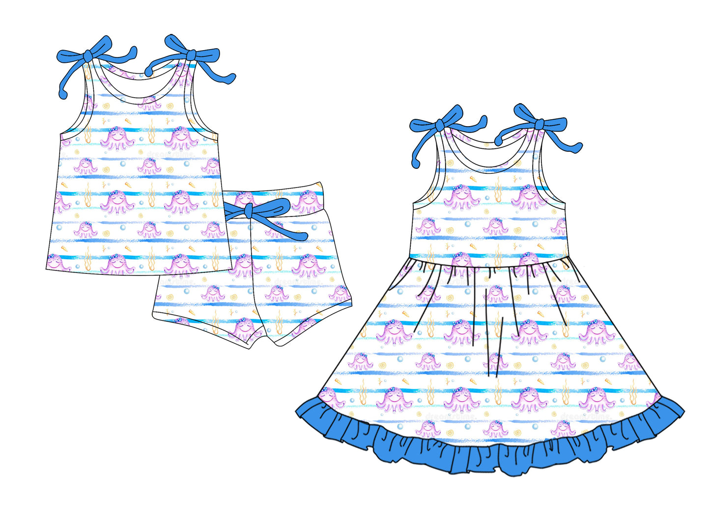 Custom moq 5 mix size Sibling Baby Girl's blue sleeveless Top And Shorts Set Cute Dress for Summer