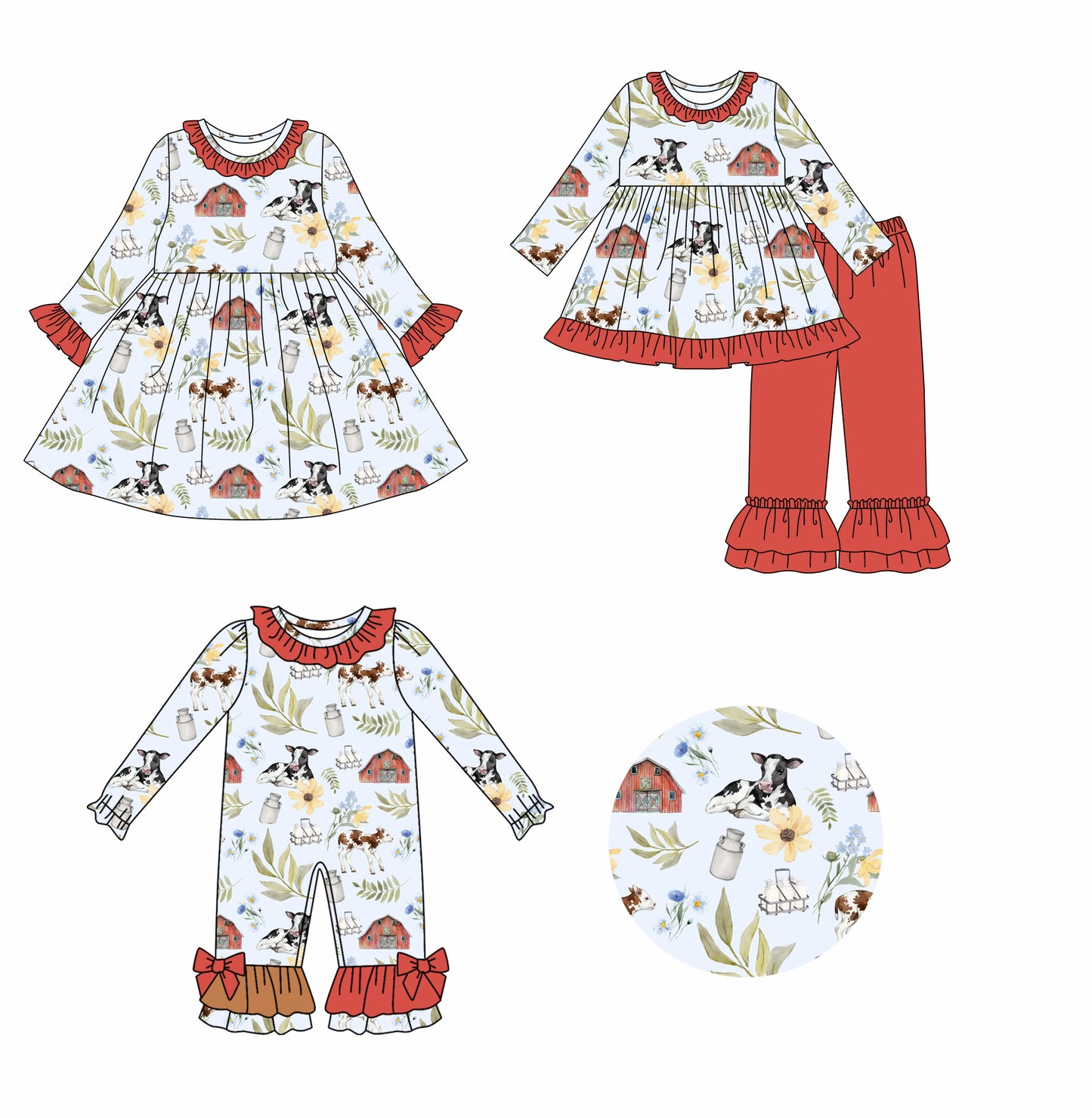 25.7.19 custom each style moq 5eta 4-6week Sibling Sisters farm animal baby girl long sleeve pants sets and dress and rompers match family design