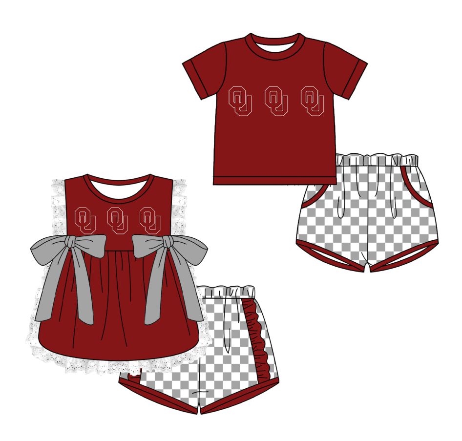 Custom moq 5 mix size milk silk summer teams Red Girl Sleeveless Top And Plaid Shorts Set with Bow Boy Short Sleeved Top And Plaid Shorts Set
