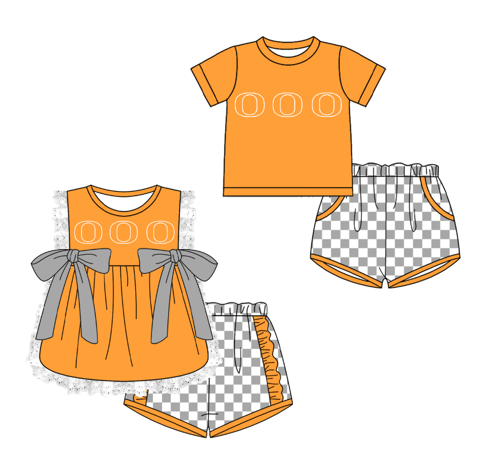 Custom moq 5 mix size milk silk summer teams Orange Girl Sleeveless Top And Plaid Shorts Set with Bow Boy Short Sleeved Top And Plaid Shorts Set