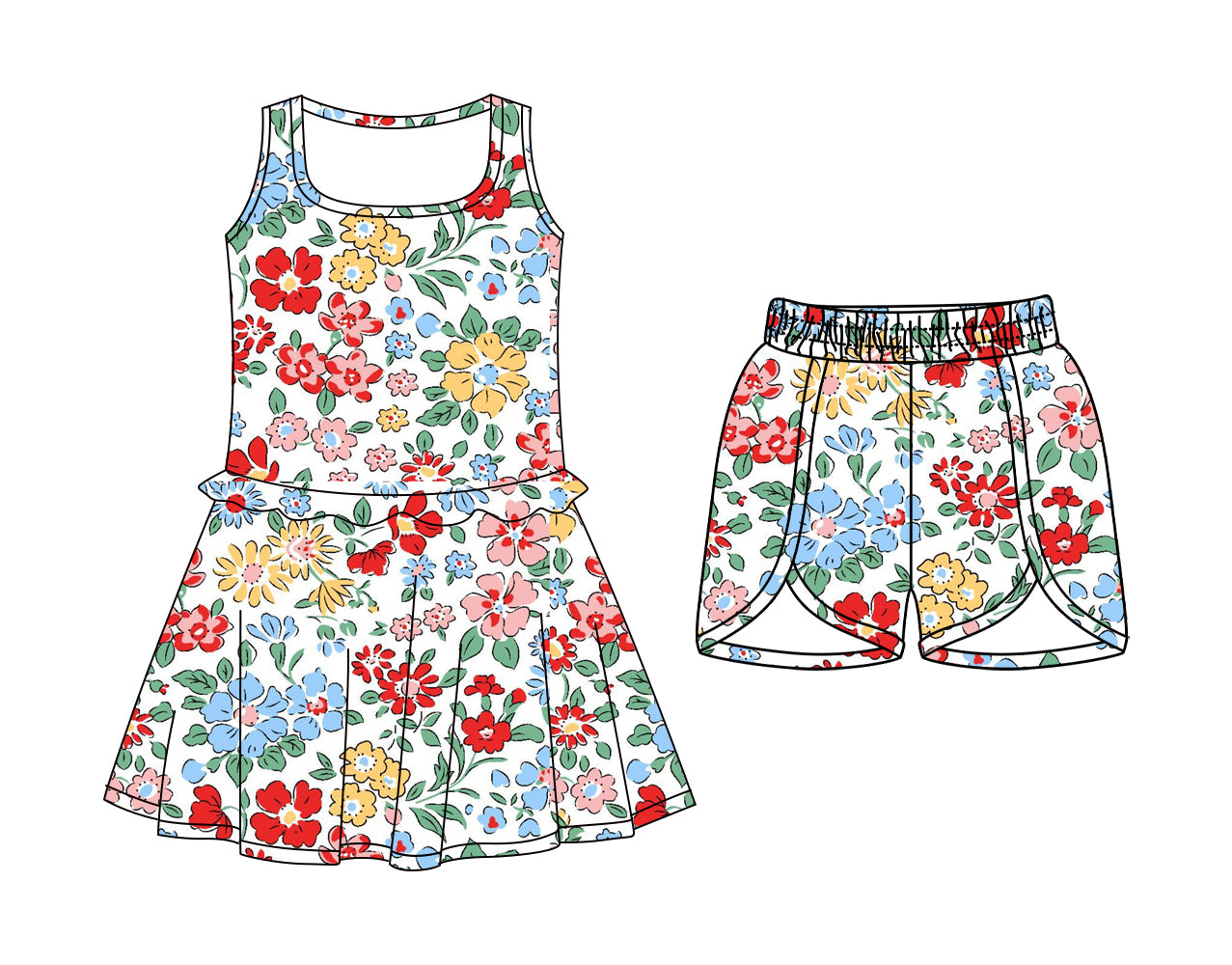 Custom moq 5 mix size Baby Girls Floral Print Sleeveless Dress with Elastic Waist Shorts