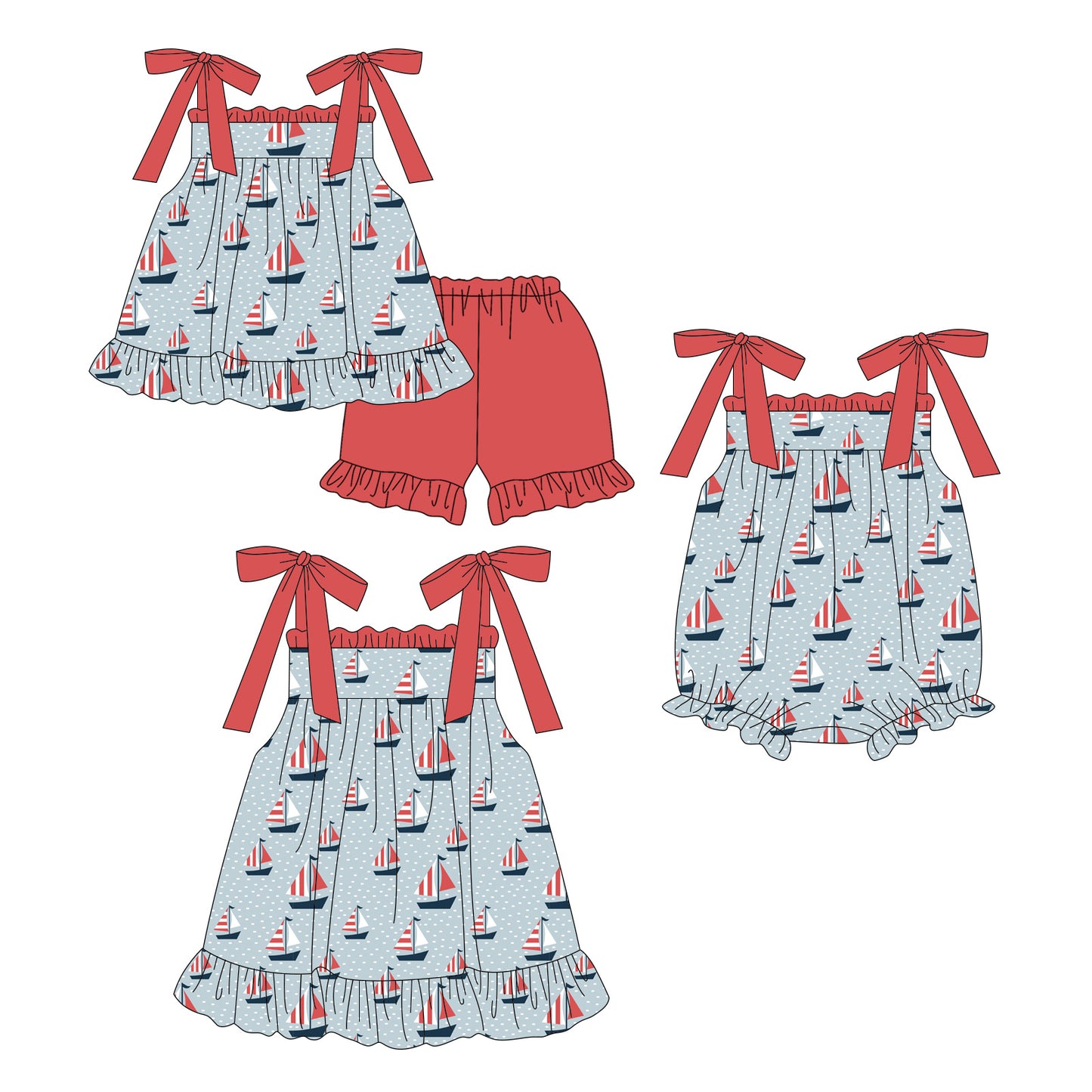 4.3 Custom moq 5 mix size Sibling Baby Girl's 4th of July Strap Top And Red Short Set Cute Romper Dress for Summer