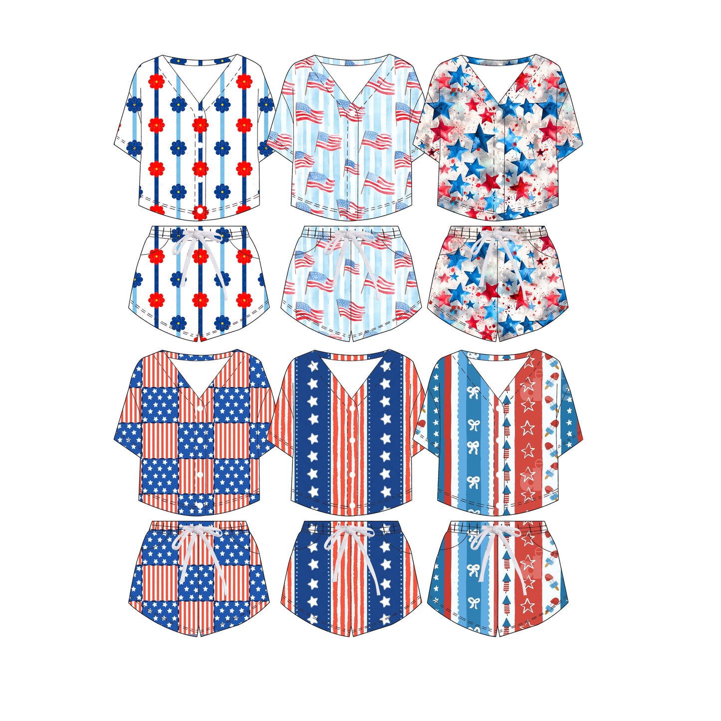 3.6 Custom moq 5 mix size Sibling Button-Down Top And Drawstring Shorts Set Short-Sleeved 4th of July Outfit for Kids