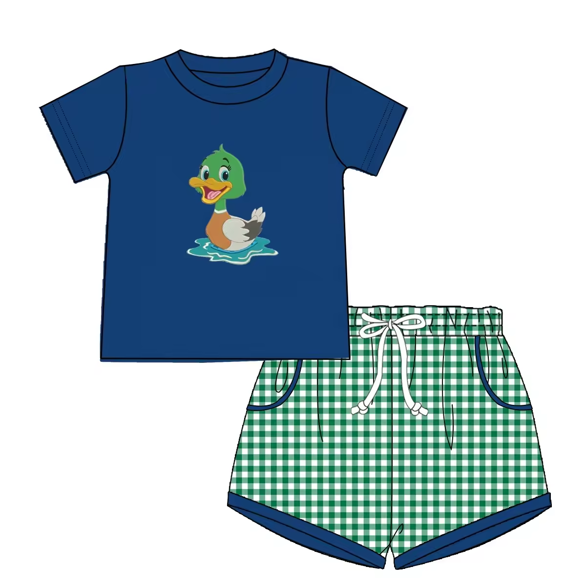 5.16custom each style moq 5eta 4-5week Sibling Sister DUCK print green plaid blue girls and boys outfits and baby romper match family design