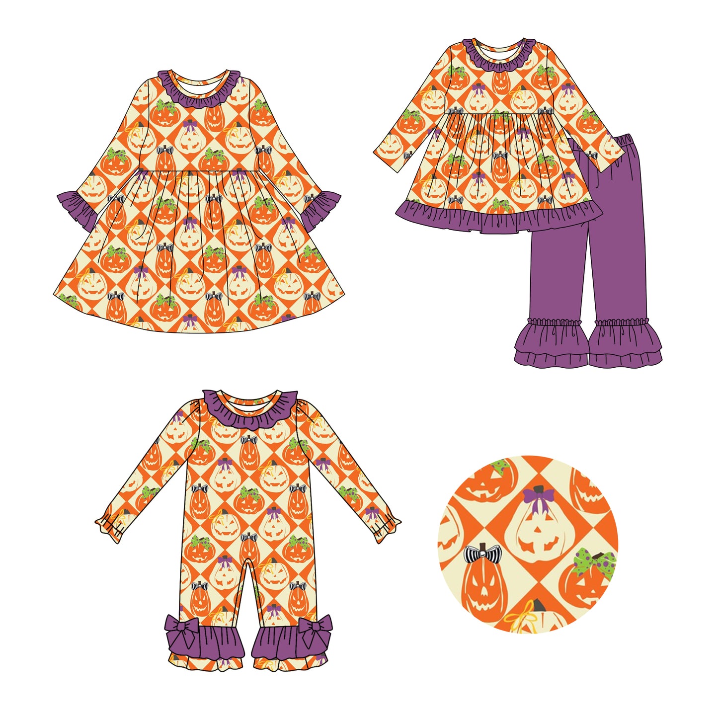 25.8.1 custom each style moq 5eta 4-6week Sibling Sisters pumpkin baby girl long sleeve pants sets and dress and rompers match family design