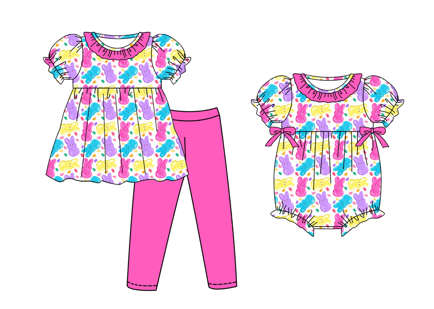 25.11.5 custom each style moq 5 eta 6-8week Sibling Sisters bunny baby girl clothes short sleeve pants sets and romper match family design