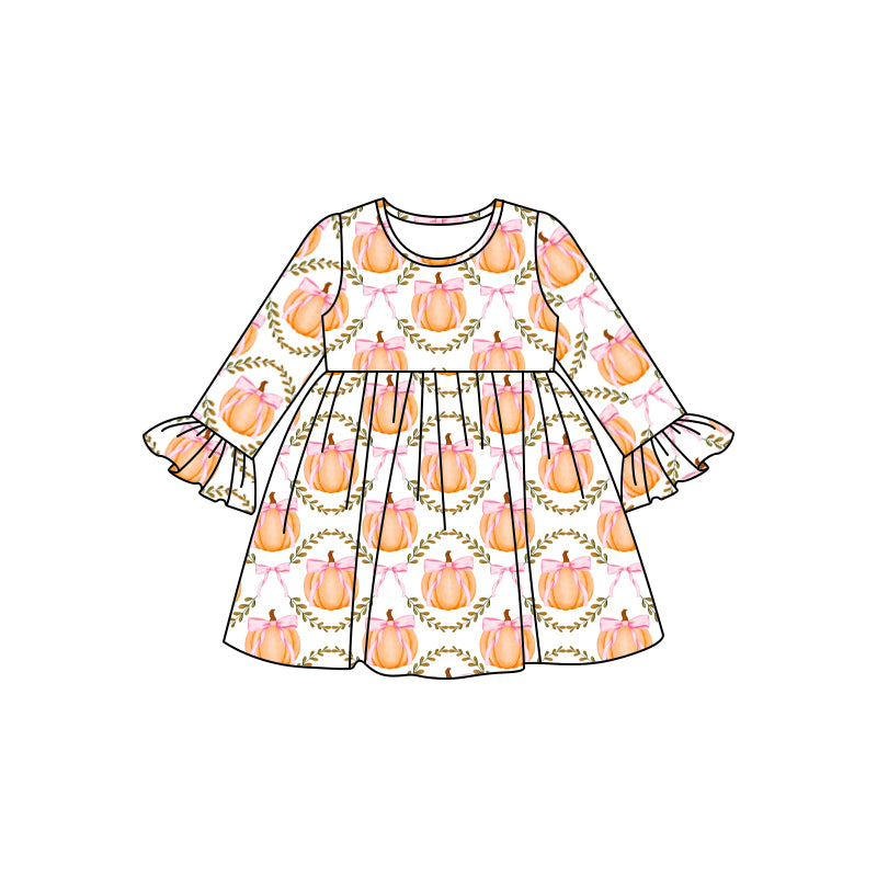 8.2 custom each style moq 5eta 4-6week baby girls clothes pumpkin bow long sleeve dress