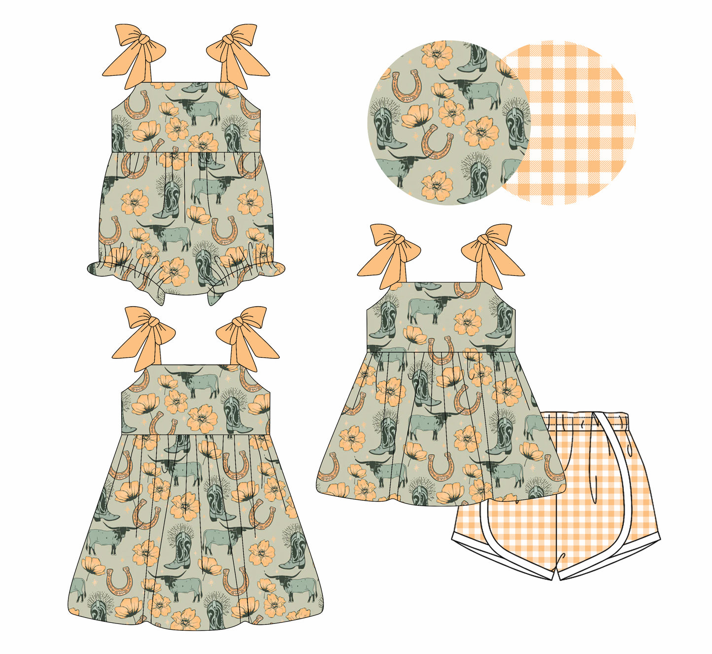 4.3 custom each style moq 5eta 4-6week Sibling Sisters cow boot floral baby girl short sleeve shorts sets and dress and rompers match family design