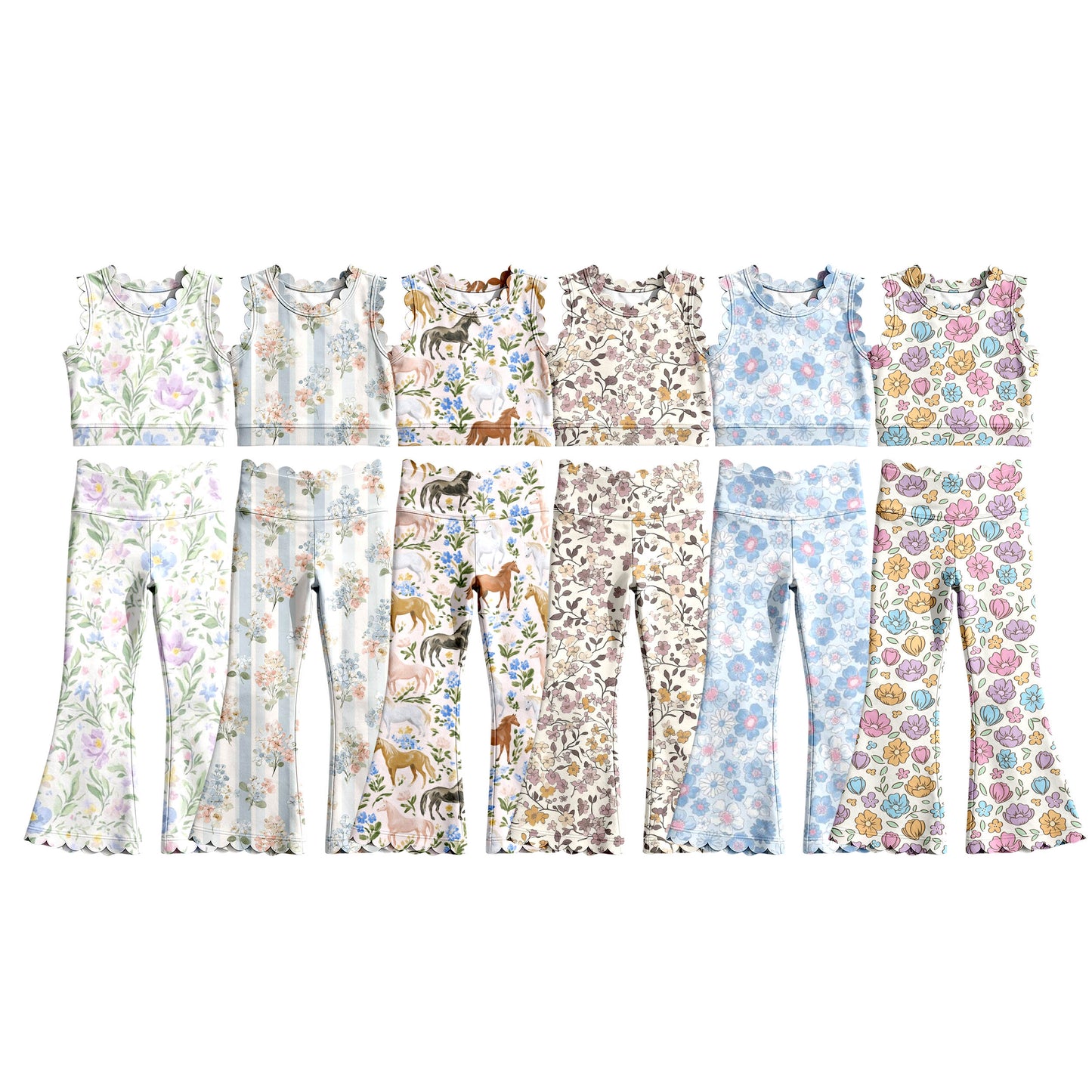Custom moq 5 mix size Sibling Baby Girl Floral print Sleeveless Top And Pants Yoga Set Girls' Active Wear