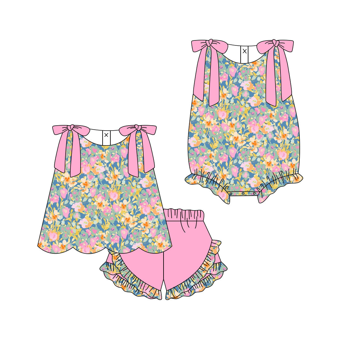 3.12 Custom moq 5 mix size Sibling Baby Girls Flowers Sleeveless Top And Pink Ruffle Shorts Set Matching Romper Outfit