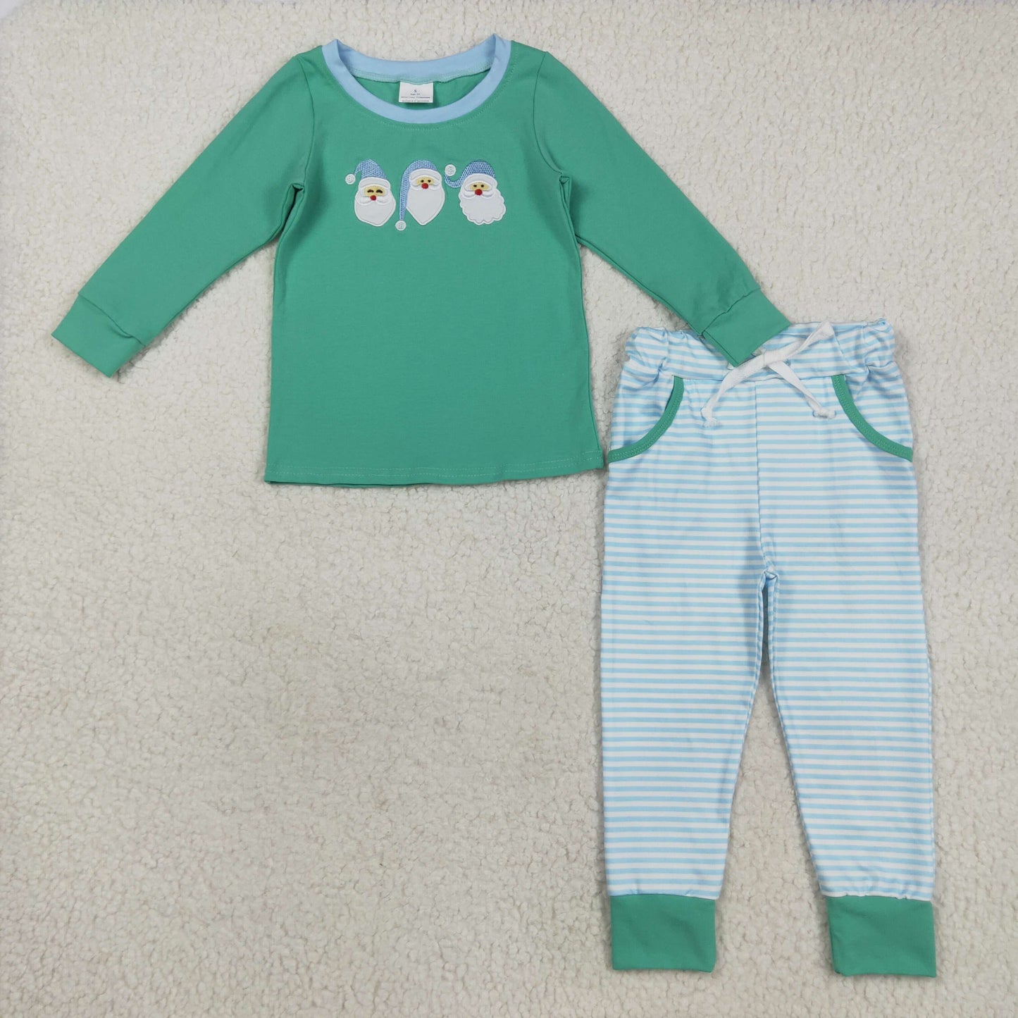RTS NO MOQ(In Stock) BLP1168 Embroidered Santa Claus green long-sleeved blue striped pantsuit