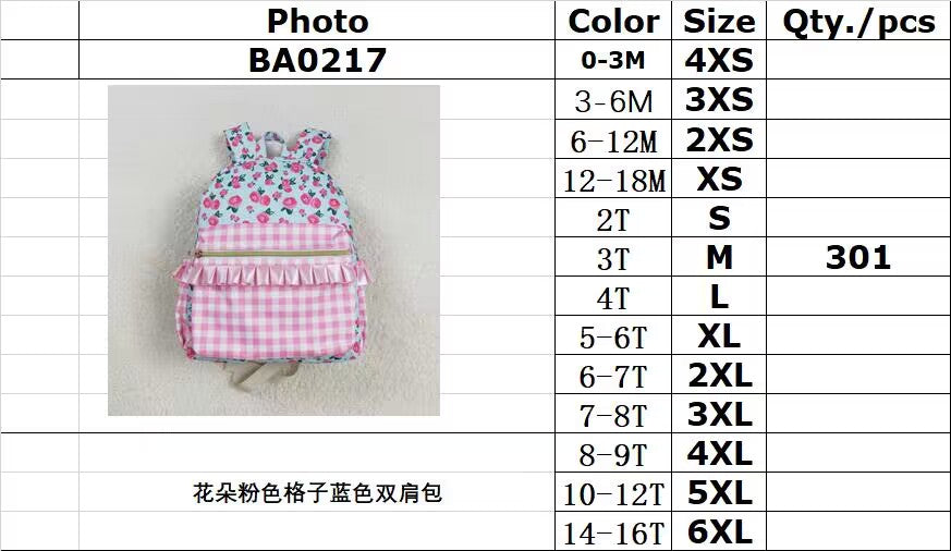 RTS NO MOQ milk silk BA0217 Baby Girls Cute Pink Flower Plaid Zip Back Backpack Bags