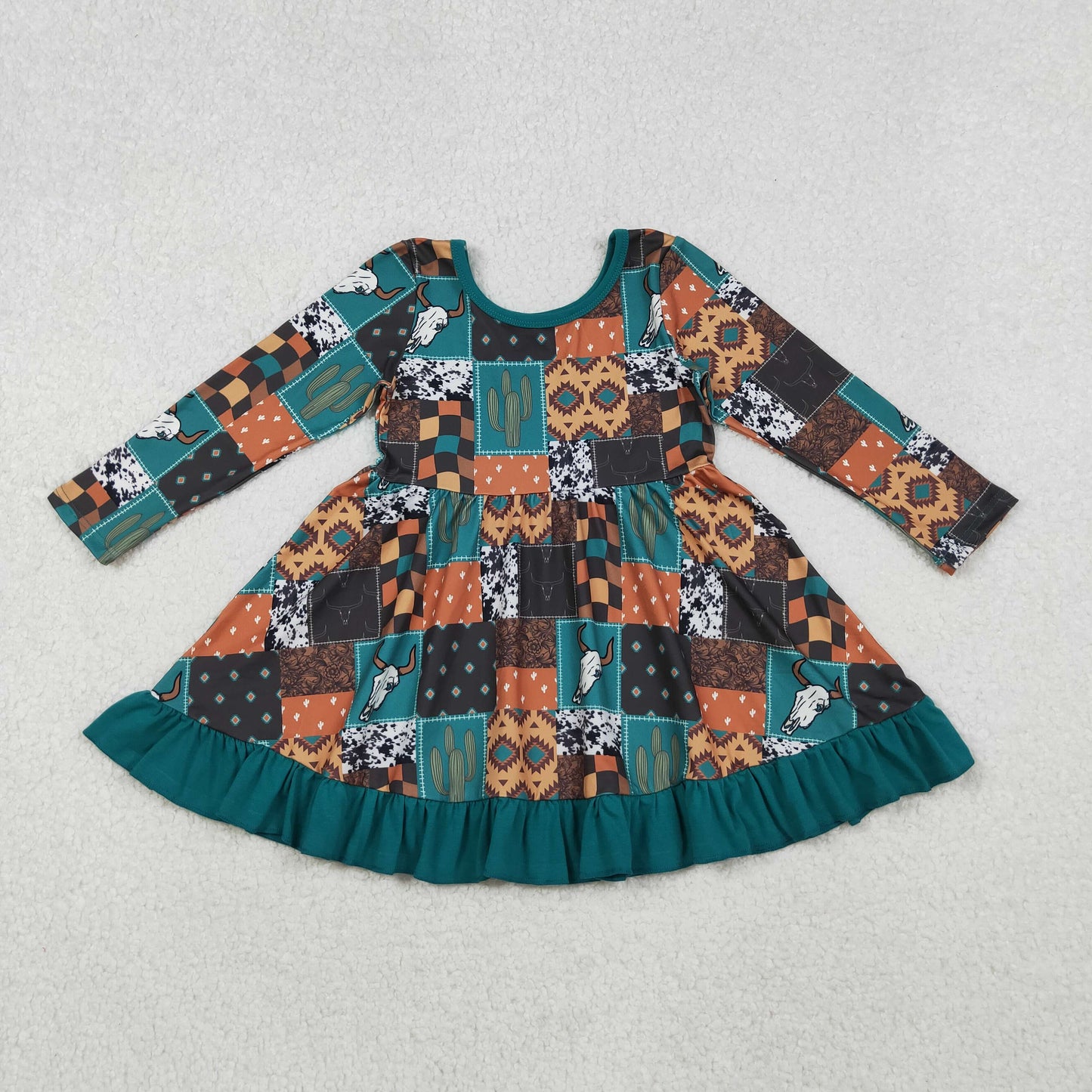 RTS NO MOQ(In Stock) GLD0837 Alpine Bullhead Cactus Geometric Plaid Long-Sleeved Dress