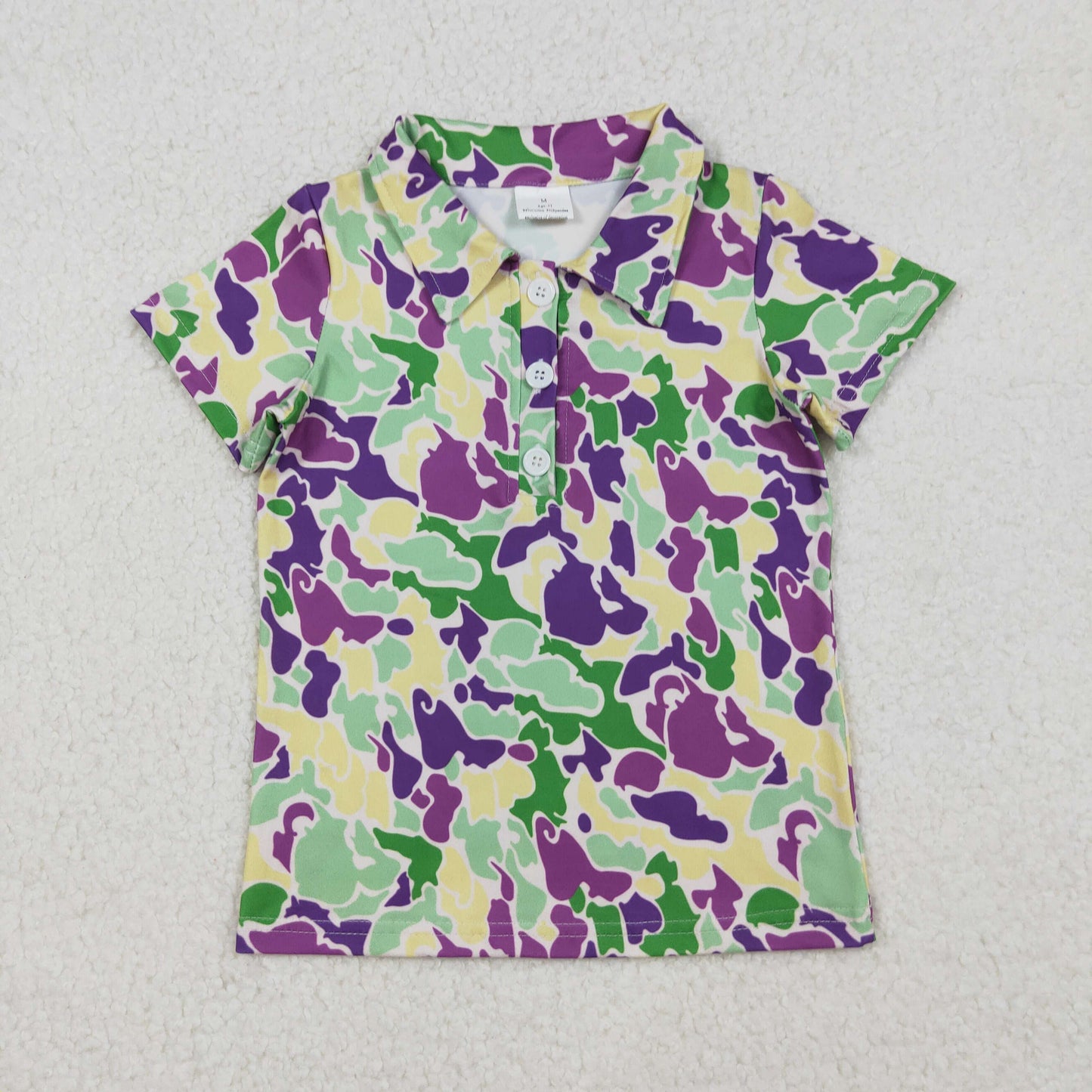 RTS NO MOQ(In Stock) BT1345 Carnival green, yellow, and purple camouflage button-down short-sleeved top