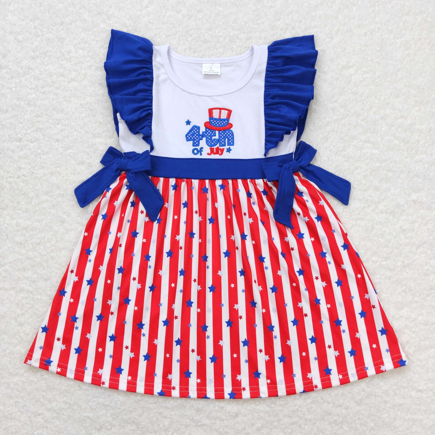 RTS NO MOQ(In Stock) 4th of july embroidered letter star hat blue lace bow red and white striped sleeveless dress