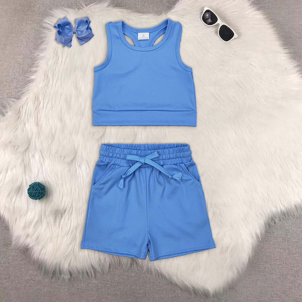 RTS NO MOQ baby girls Clothes yoga solid color short sleeve shorts Sets