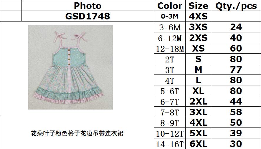 RTS NO MOQ ETA 5/7days Arrived GSD1748 Flower and leaf pink plaid lace suspender dress