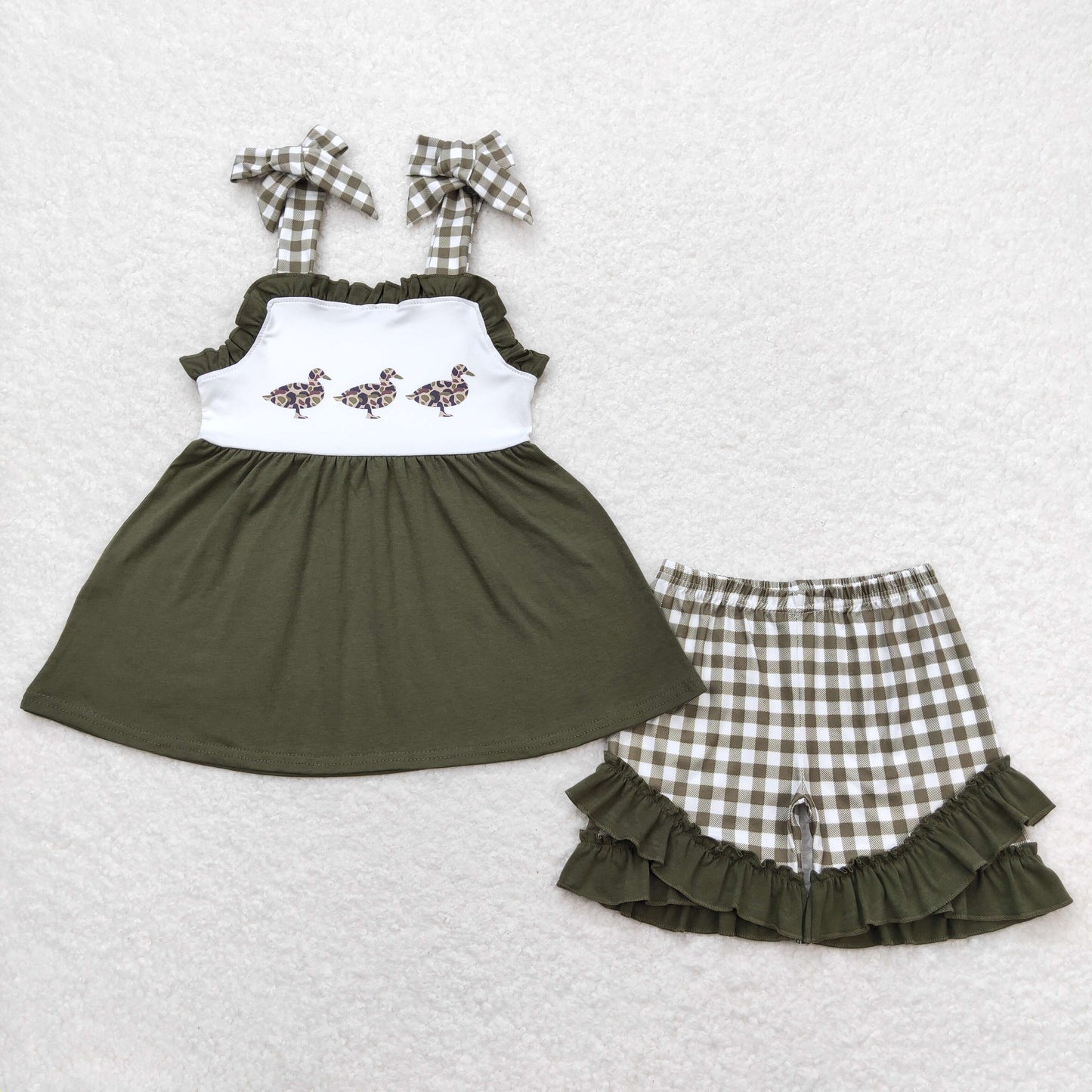 RTS NO MOQ(In Stock) Three Ducks military green plaid lace suspender shorts suit