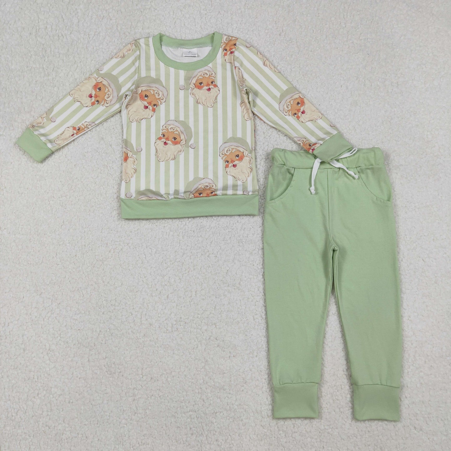 RTS NO MOQ(In Stock) BLP1074 Christmas Santa Green Stripe Long Sleeve Trouser Suit
