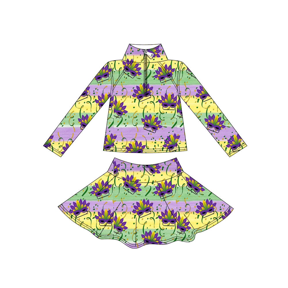 Custom moq 5 mix size milk silk summer baby girls clothes mardi gras long sleeve skirts sets-25.11.7
