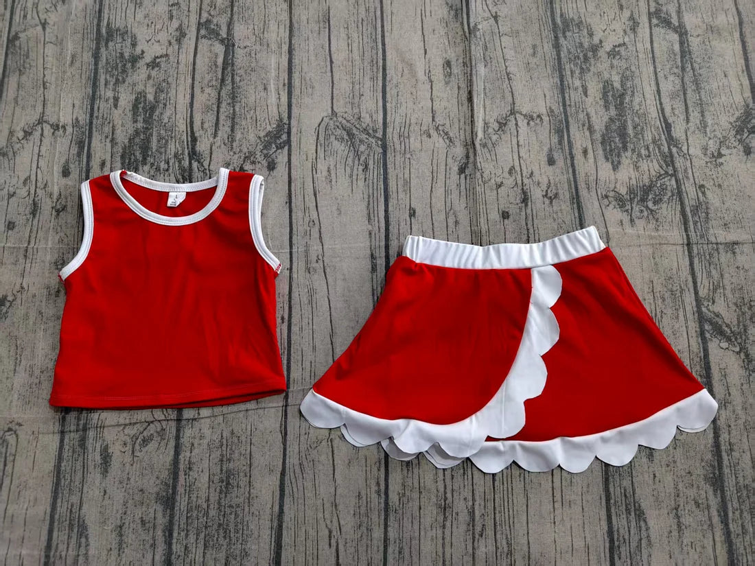 Best Sell Baby Girls Red Scallop Edge Vest And Skirt Set Sleeveless Short Yoga Active Children's Outfit Preorder