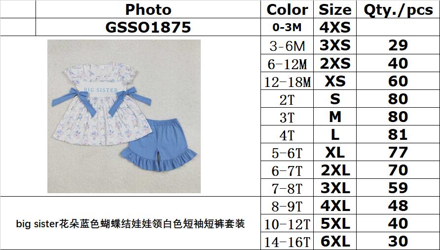 RTS NO MOQ ETA 5/7days Arrived GSSO1875 Big sister, flower, blue bow, doll collar, white short-sleeved shorts suit