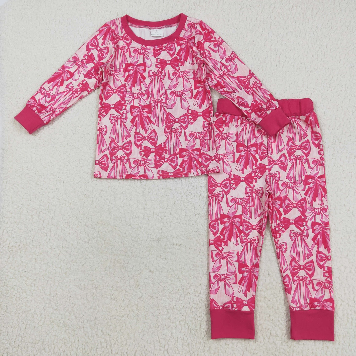 RTS NO MOQ(In Stock) GLP2539 Rose red bow pattern long sleeve trousers pajamas set
