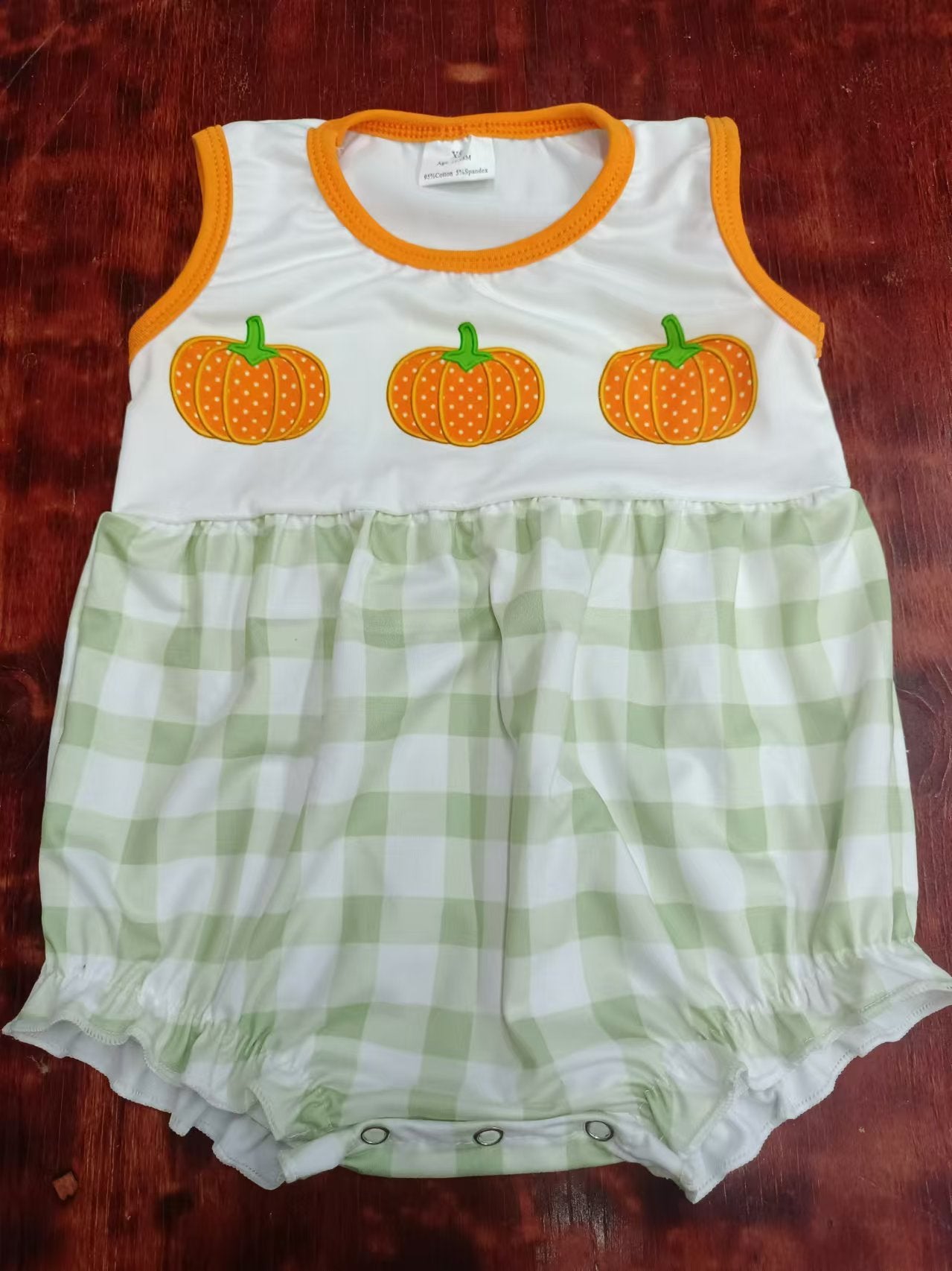 Custom moq 3 eta 6-7weeks Embroidered Pumpkin Pattern-Green Plaid Sleeveless Romper
