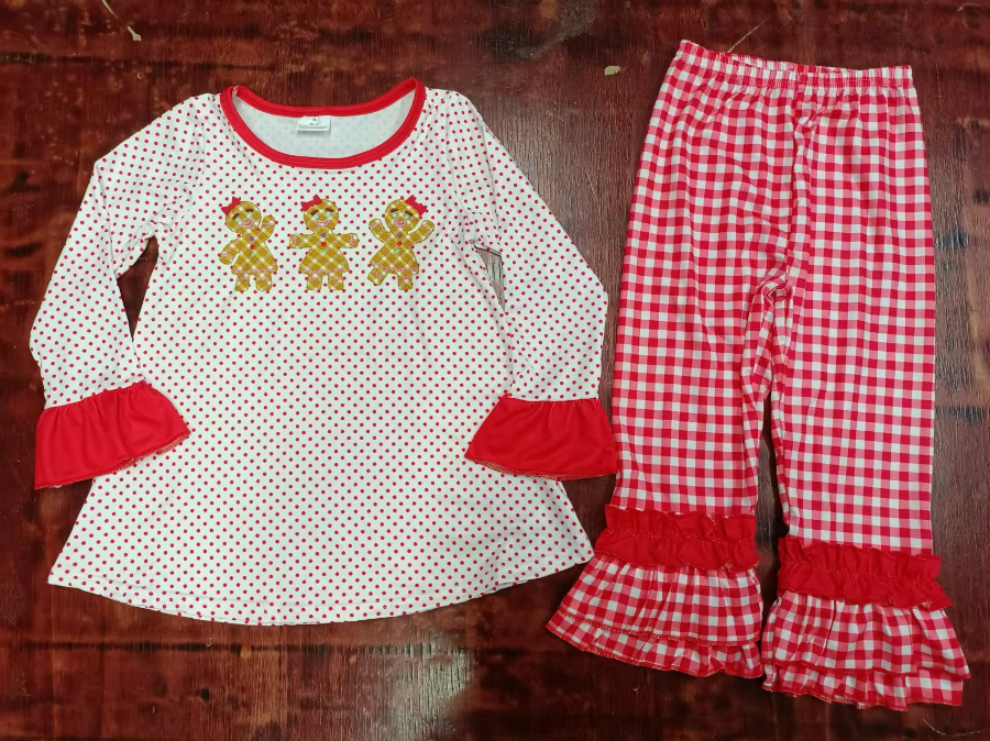 Custom moq 3 eta 6-7weeks Cookie Bear Red Polka Dot Lace Long Sleeve Top - Red Plaid Trousers Set