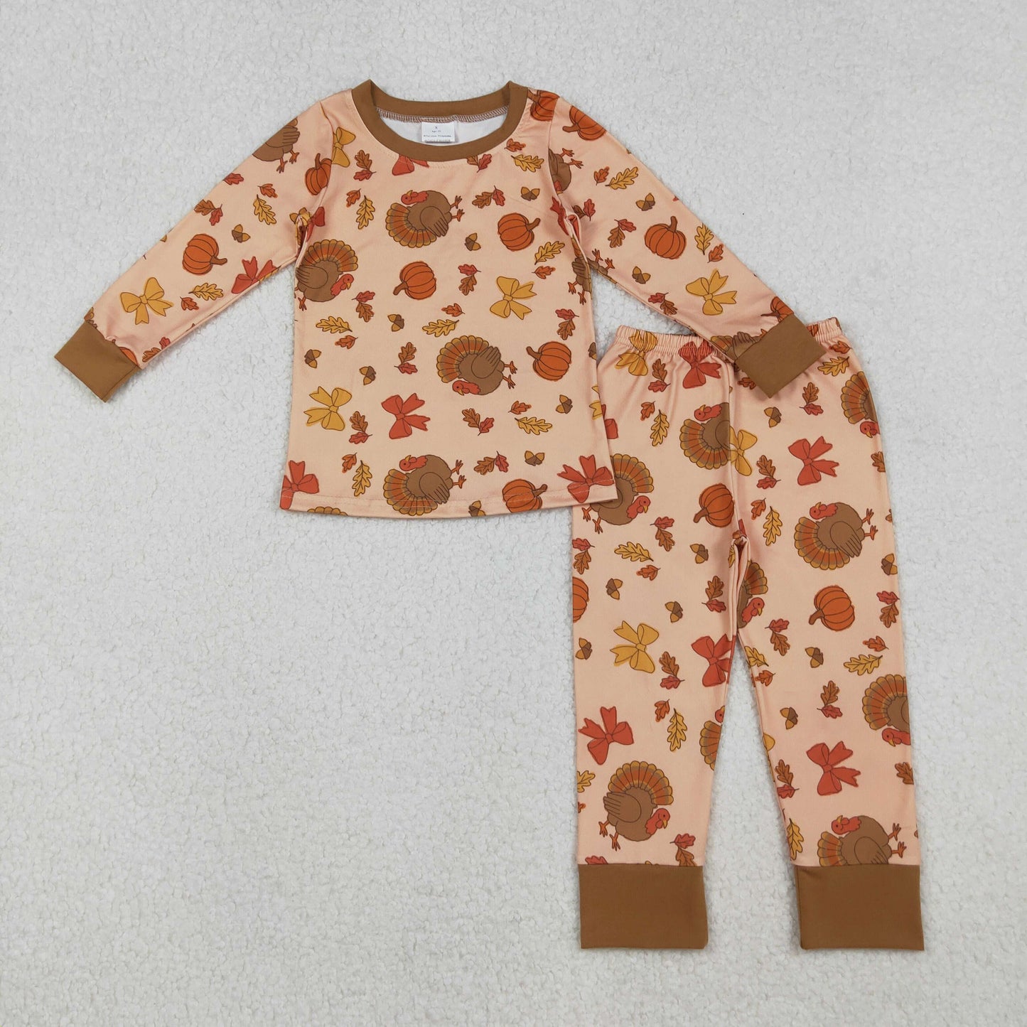 12/18m-7/8t RTS NO MOQ(In Stock) GLP2883 Turkey Pumpkin Bow Pattern Long-Sleeved Pants Set