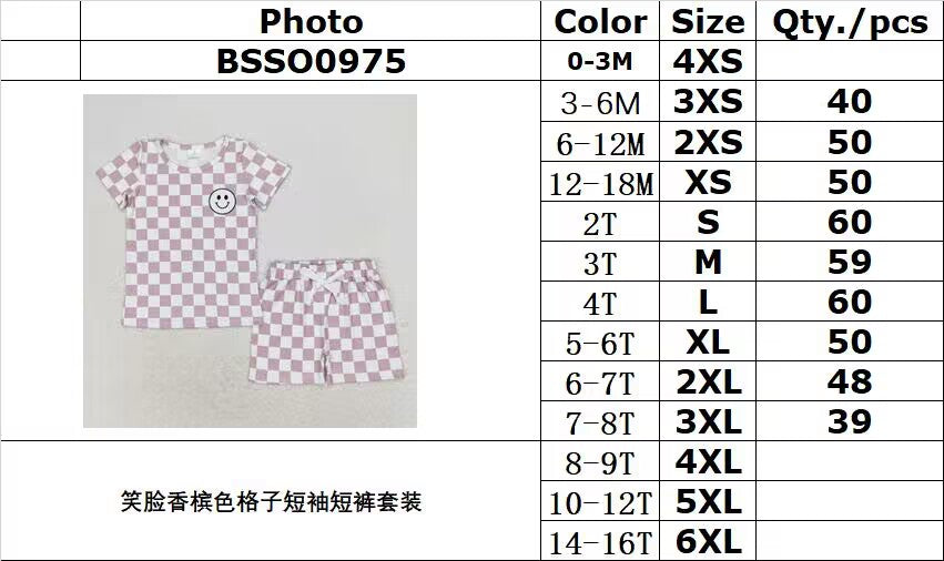 rts no moq BSSO0975 Smiley face champagne plaid short-sleeved shorts set