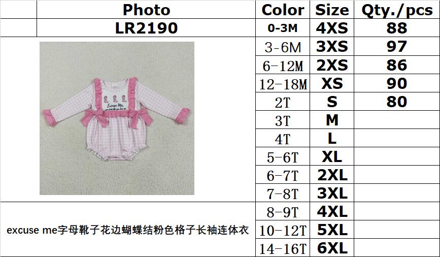 RTS NO MOQ LR2190 Excuse me letter boots lace bow pink plaid long-sleeved jumpsuit