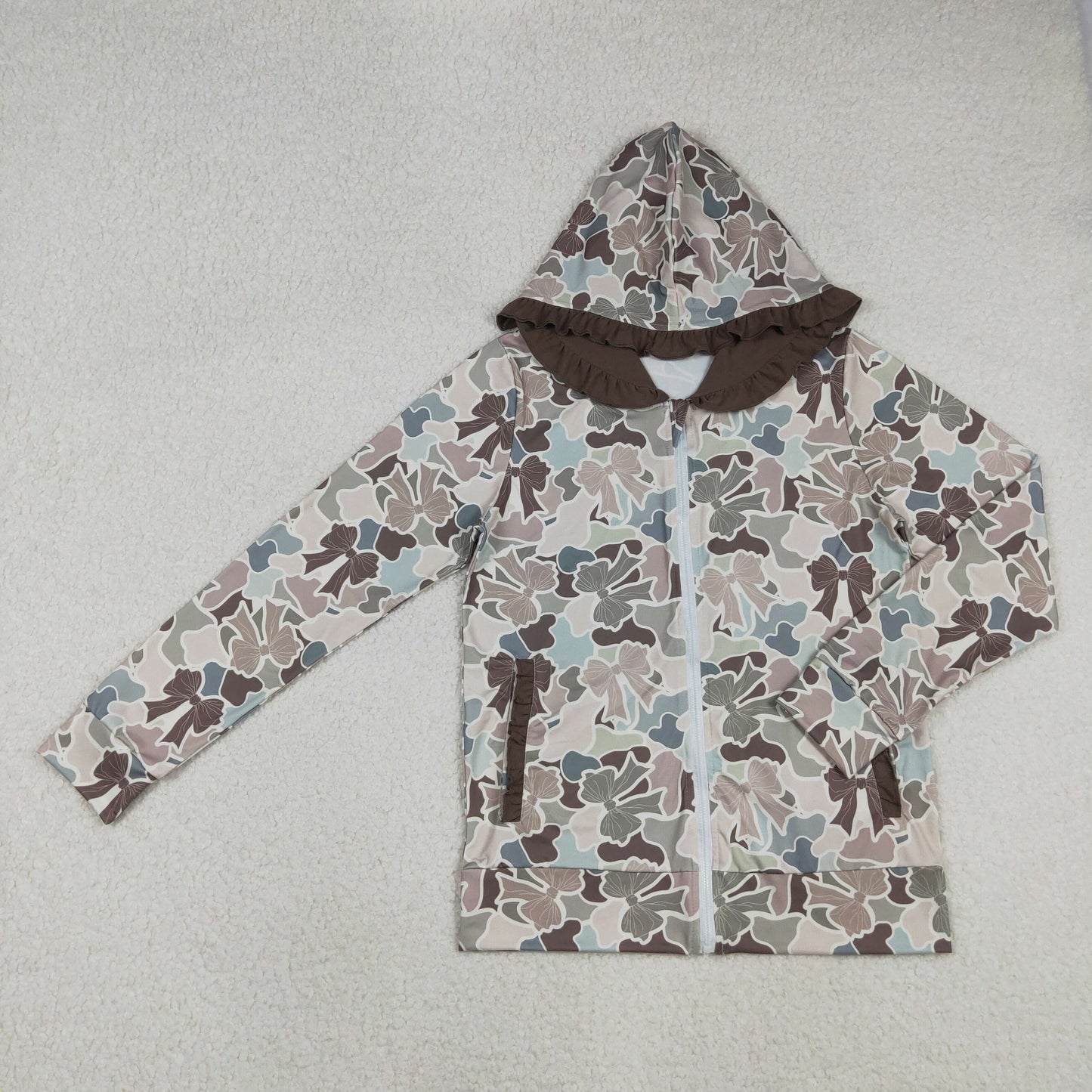 RTS NO MOQ(In Stock) Adult Women's Brown Lace Camouflage Zipper Hooded Long-Sleeved Top with Bow Pattern