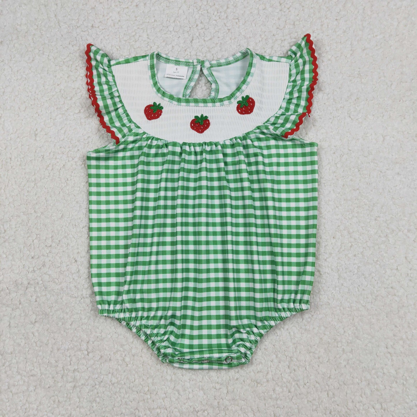 RTS NO MOQ(In Stock) Embroidered Strawberry Green and White Checkered Flutter Sleeve Jumpsuit