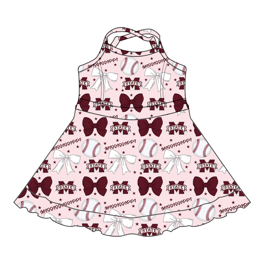 Custom moq 5 mix sizes summer teams baby girls clothes team baseball bow brick red short sleeve dress-25.6.13