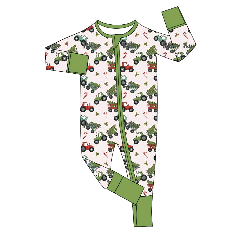 Deadline October 12 custom no moq eta 6-8weeks Green long-sleeved zip-up jumpsuit with truck and Christmas tree