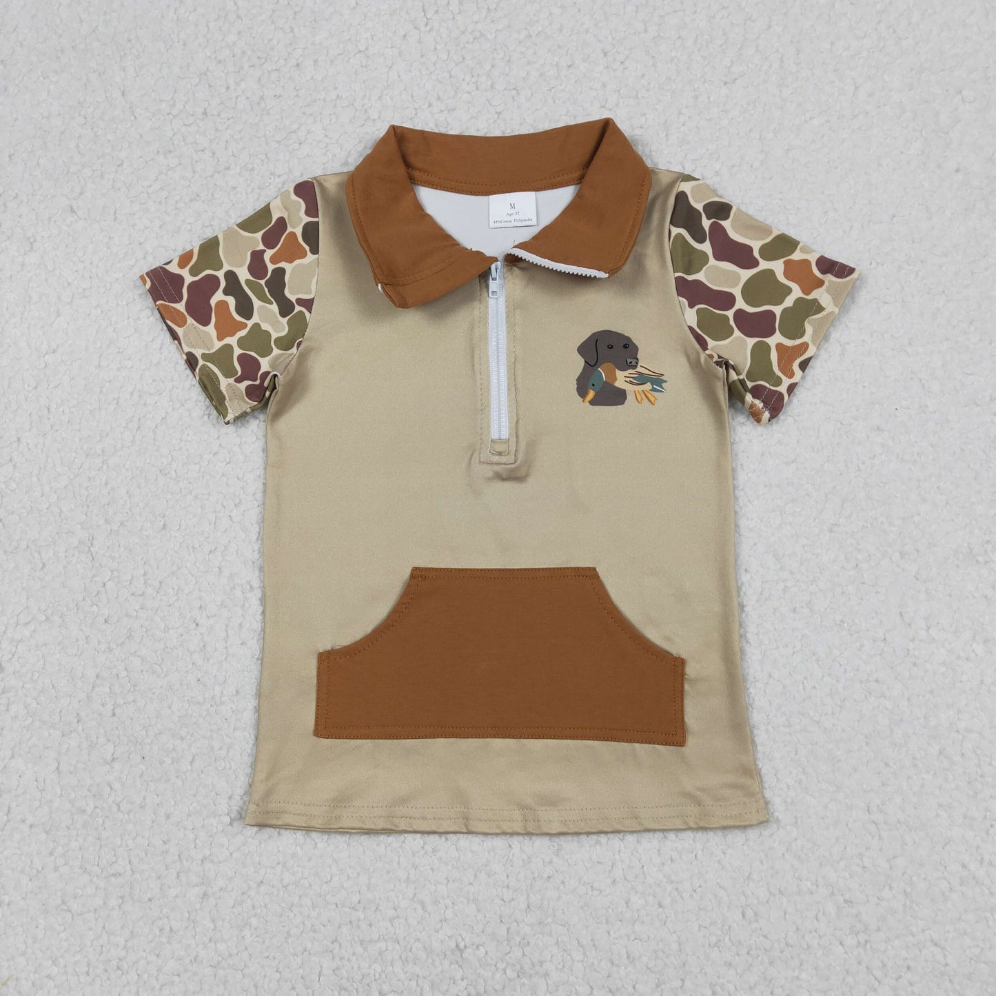 RTS NO MOQ(In Stock) Pocket Puppy and Duck Camouflage Brown-Green Zip-Up Short-Sleeve Top