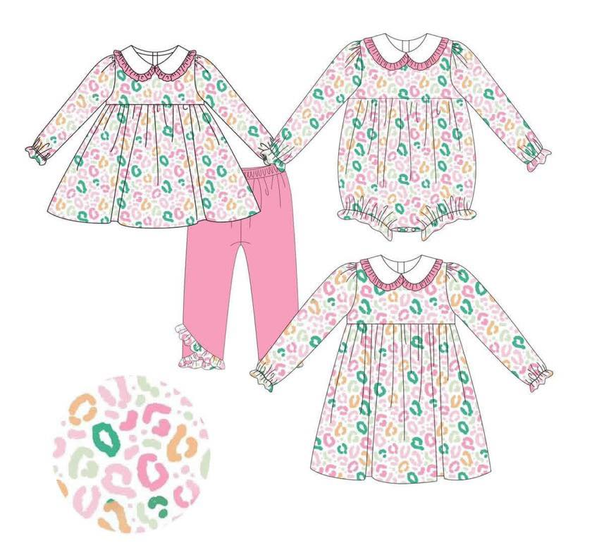 Custom moq 5 each style eta 6-7weeks baby gir clothes leopard long sleeve pants sets and dress and romper