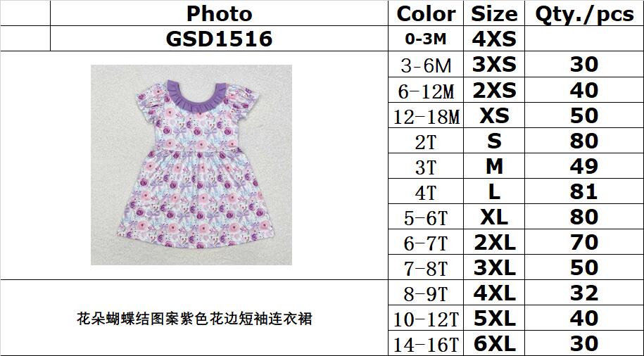 RTS NO MOQ ETA 5/7days Arrived GSD1516 Flower bow pattern purple lace short-sleeved dress