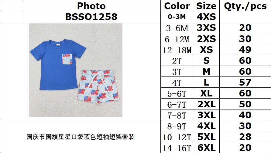 RTS NO MOQ ETA 5/7days Arrived BSSO1258 National Day flag star pocket blue short-sleeved shorts suit