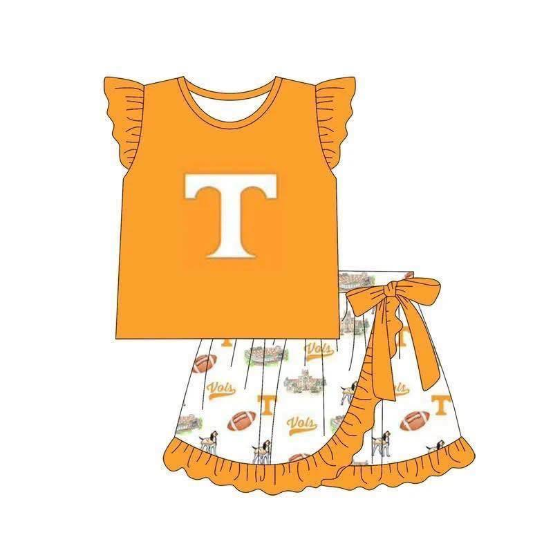 Custom moq 5 mix size milk silk summer teams Baby Girls Cute Orange Flutter Sleeve Top Ruffle Skirt Shorts Sets