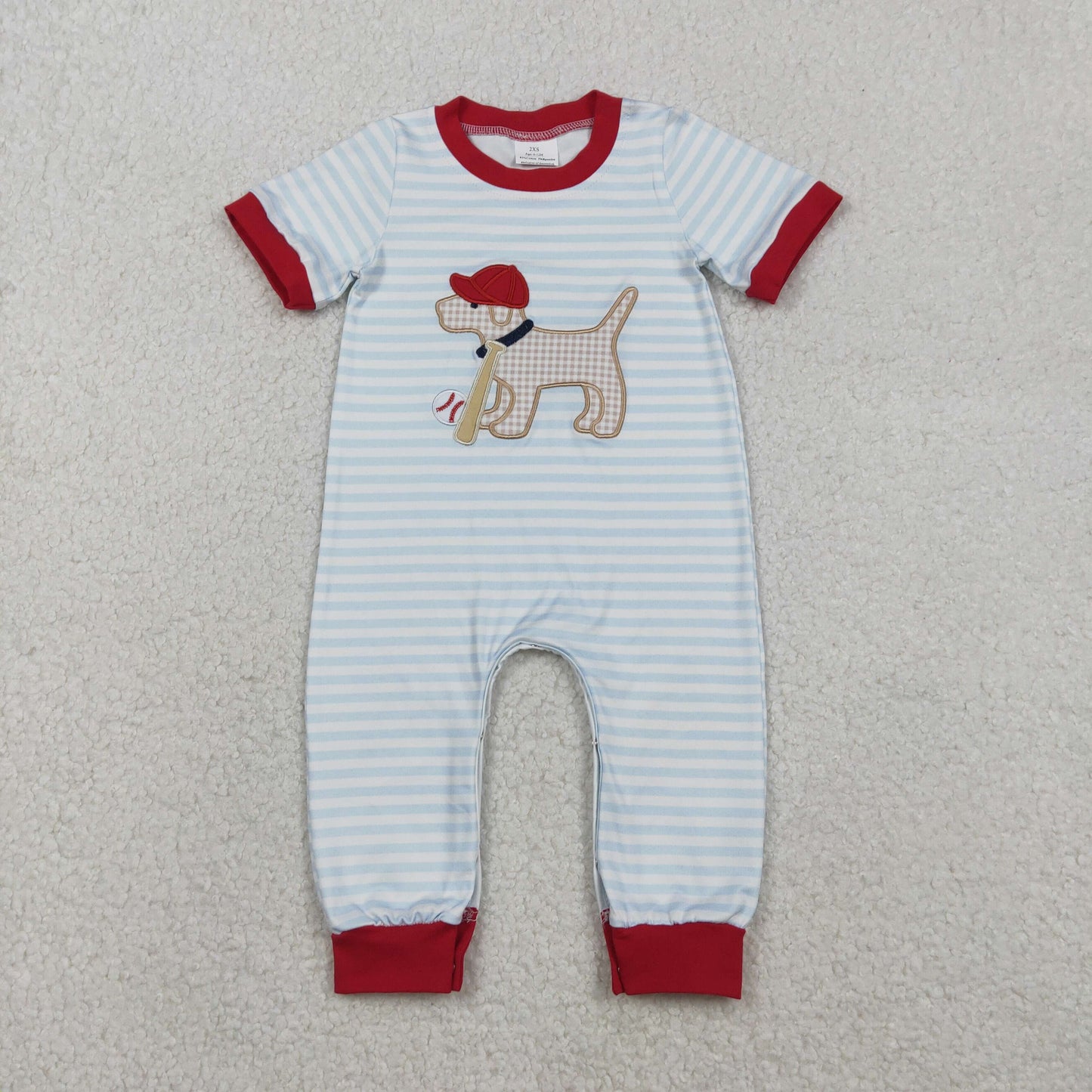 RTS NO MOQ(In Stock) Embroidered Baseball Cap Puppy Blue Striped Short-Sleeve Jumpsuit