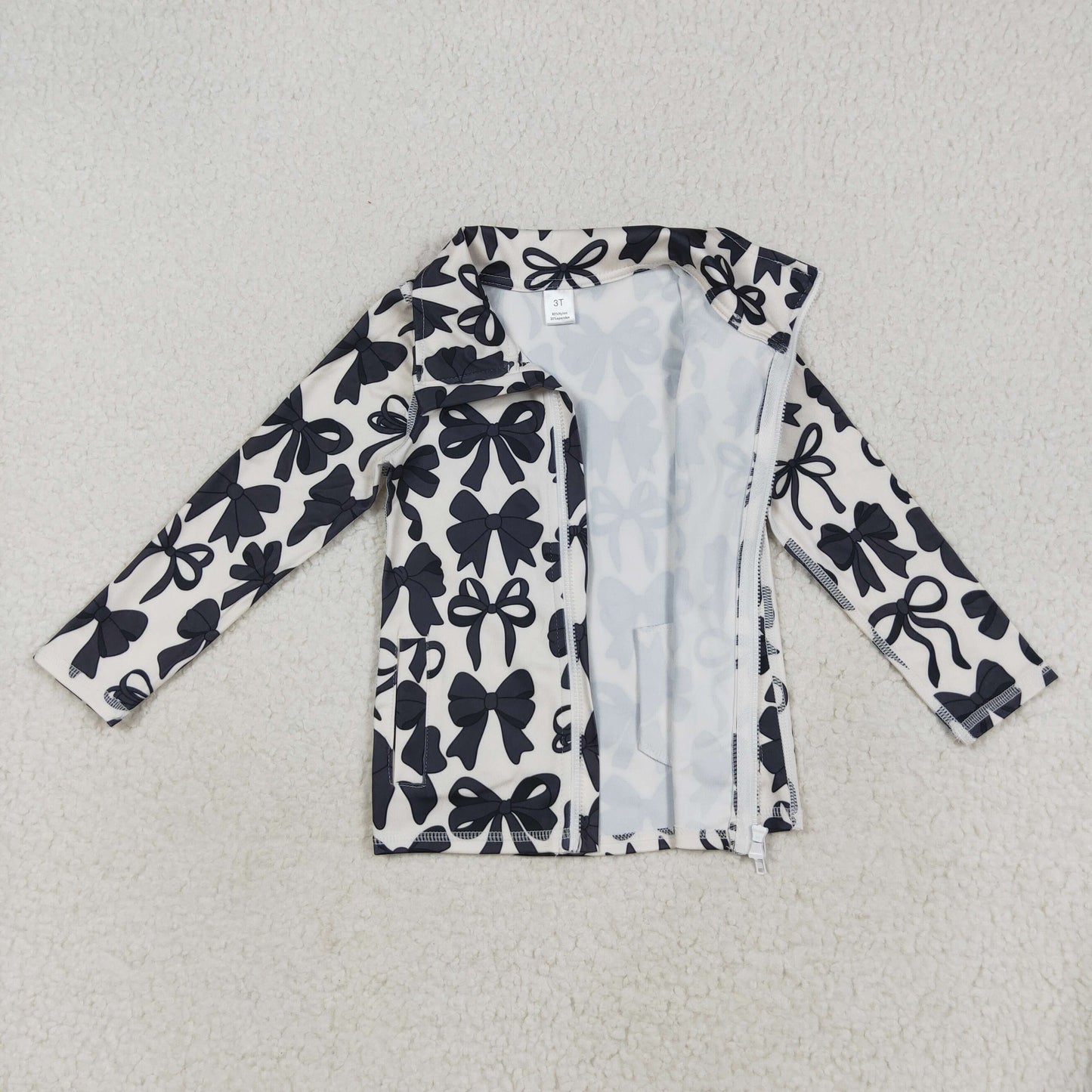 RTS NO MOQ(In Stock) GT1084 Black Bow Pattern Beige Yoga Zipper Long Sleeve Top