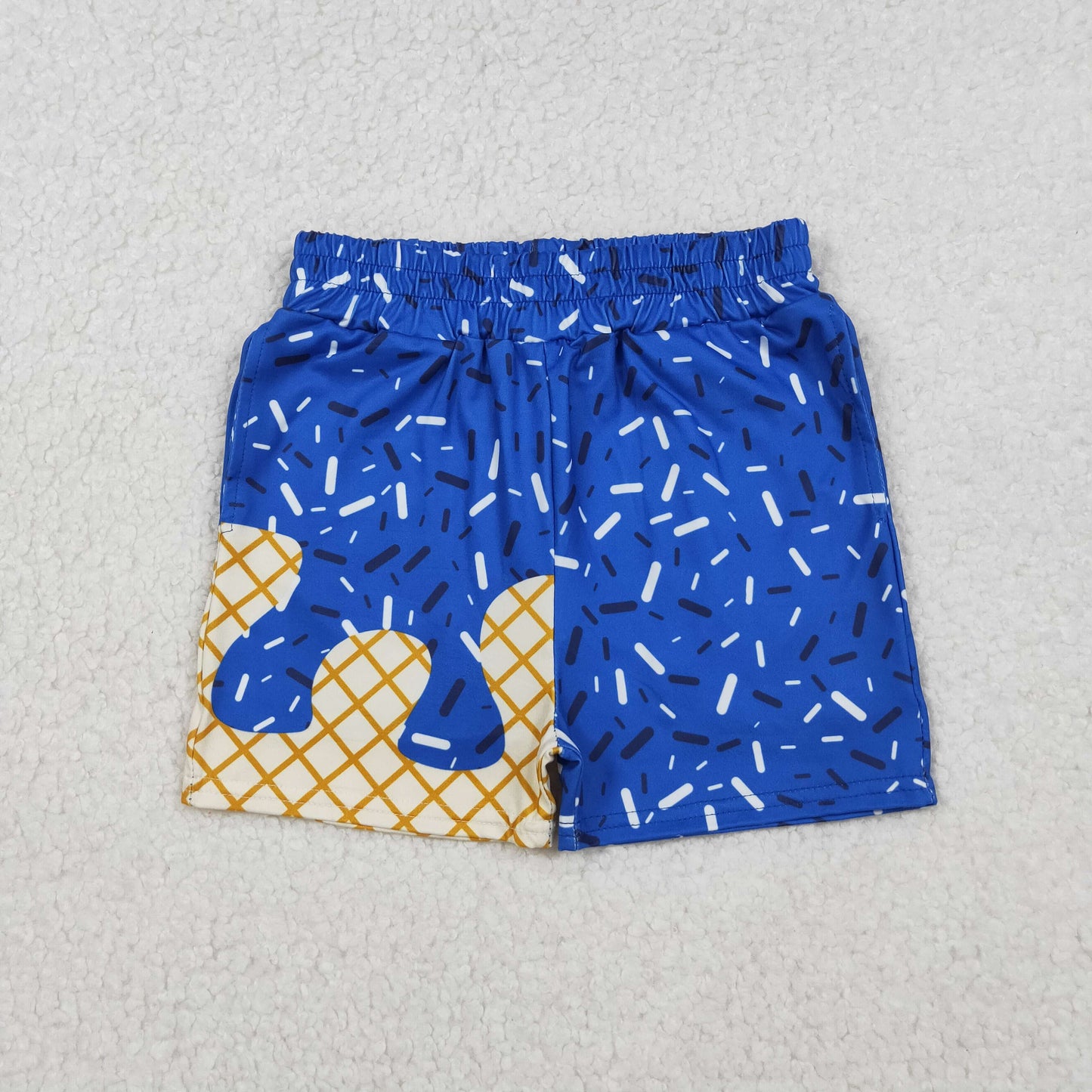 RTS NO MOQ(In Stock) SS0775 Sapphire blue pocket shorts with waffle ice cream pattern-SS0775