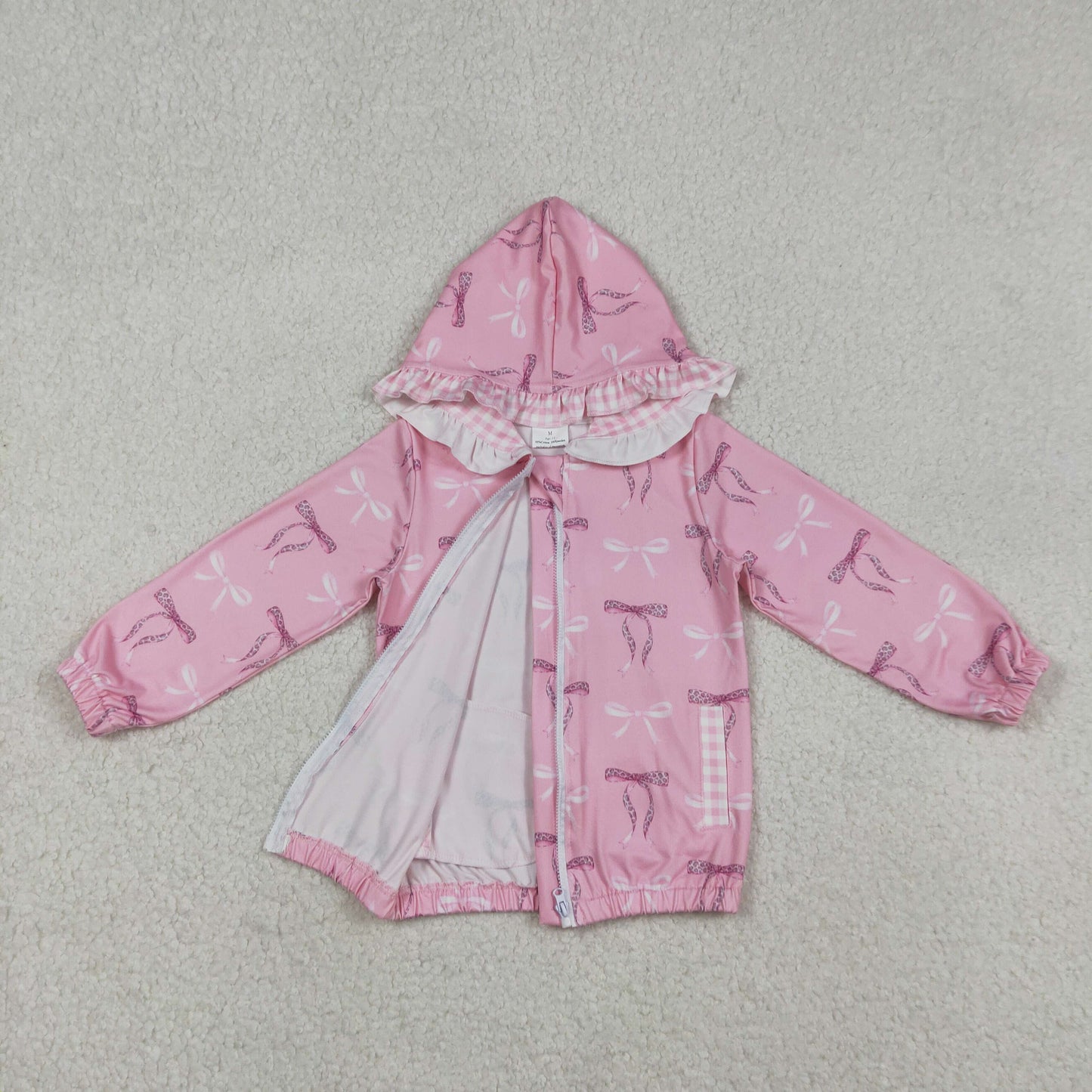 RTS NO MOQ(In Stock) Pink Plaid Lace Zipper-Up Hooded Long-Sleeved Top with Bow Pattern