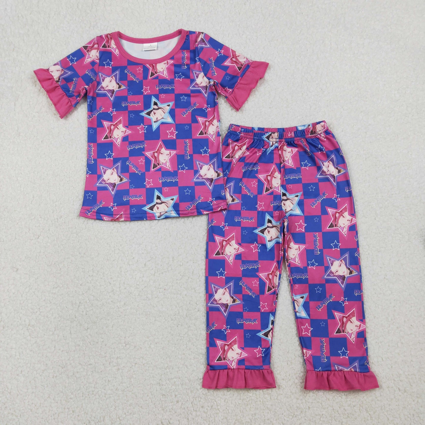 12/18m-14/16t RTS NO MOQ(In Stock) GSPO2230 Kpop Star Blue-Purple Plaid Rose Red Lace Short-Sleeve Pants Pajama Set