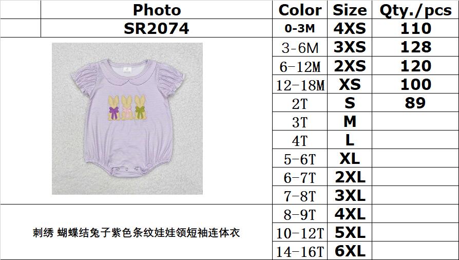 RTS NO MOQ ETA 5/7days arrived SR2074 Embroidered bow rabbit purple striped doll collar short-sleeved jumpsuit