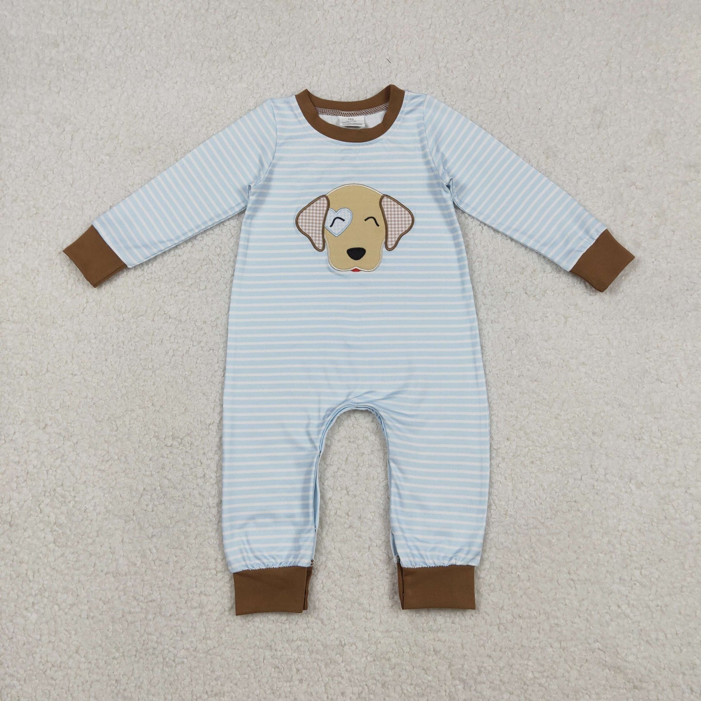 RTS NO MOQ(In Stock) Embroidered Heart Puppy Blue Striped Long-Sleeved Jumpsuit